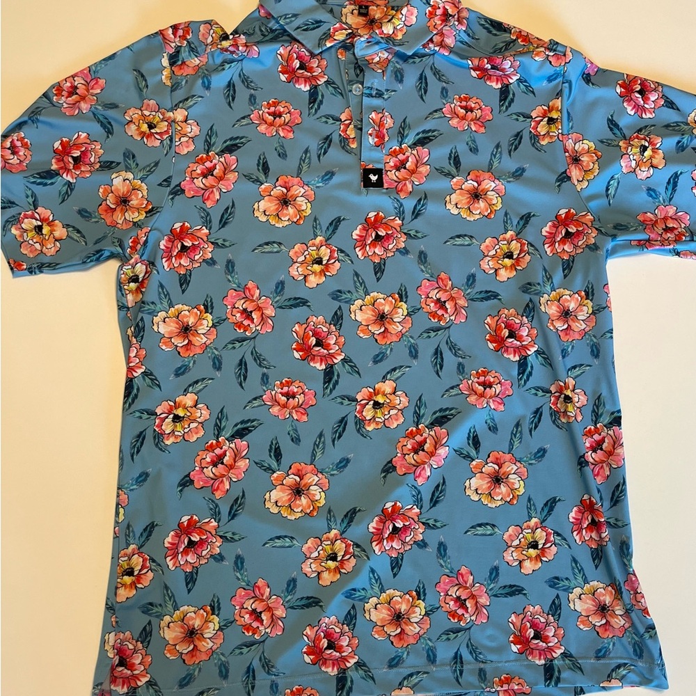 L Bad Birdie Blue Polo with Pink and Red Flowers